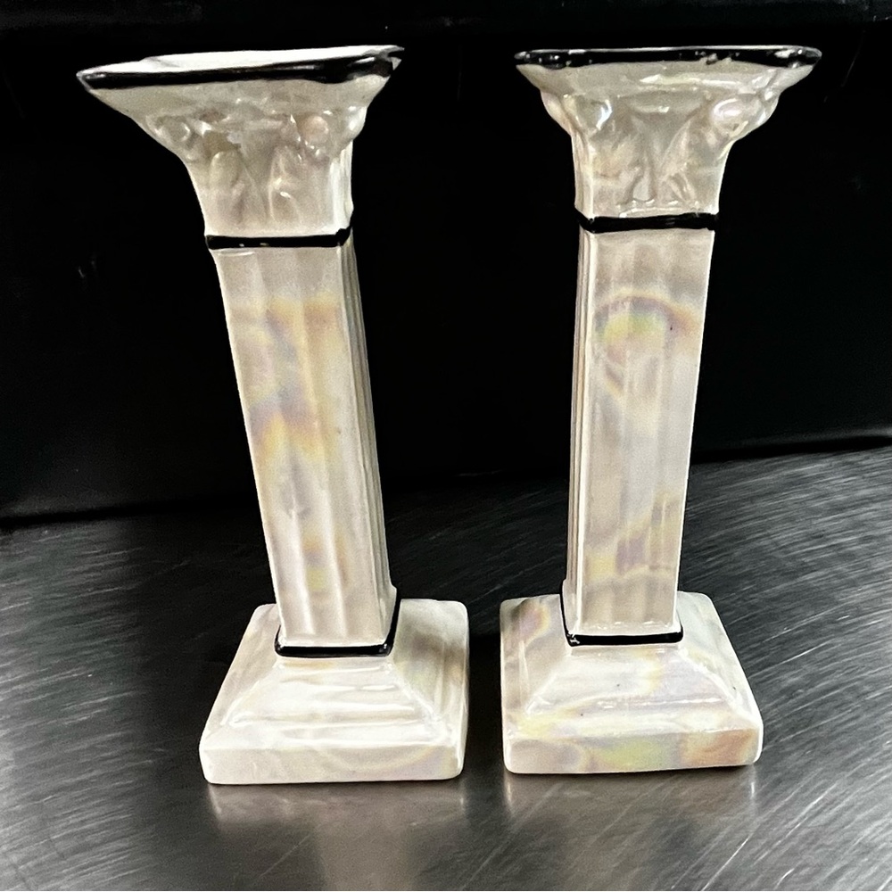 Pair White Iridescent Vintage Candlestick Taper Candle Holders Czechoslovakia
